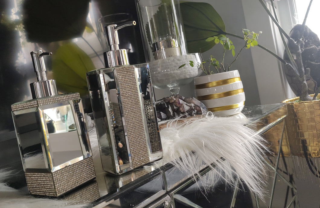 Mirrored Rhinestone Soap Dispenser Set 2pc