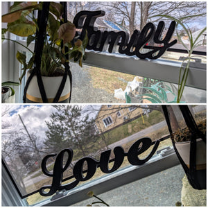 Black Plastic/Wood Signs "Love" & "Family"