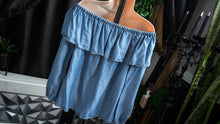 Load image into Gallery viewer, Michael Kors Denim Look Off Shoulder Ruffle Top MD
