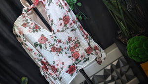 Sheer Boho Sleeve White Floral Blouse Top MD-LG