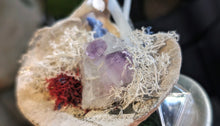 Load image into Gallery viewer, Selenite &amp; Amethyst Crystals in Moss Seashell
