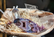 Load image into Gallery viewer, Selenite, Angel Aura &amp; Druzy Occo Geode Agate Crystals in Moss Seashell
