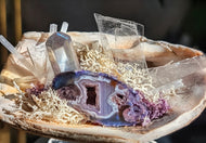 Selenite, Angel Aura & Druzy Occo Geode Agate Crystals in Moss Seashell