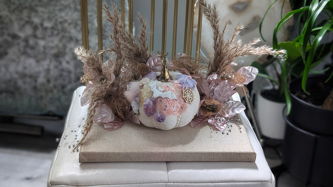 Handmade Whimsical Halloween Pink Pumpkin & Amethyst Crystal Table Art