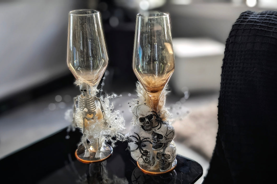 Custom Crafted Skull Halloween Party Glasses x2 (fun candle holders)