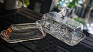 Glass Butter Dishes (LG top is plastic w/heat surface cracks from Dishwasher)