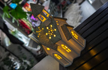 Load image into Gallery viewer, Lighted White &amp; Gold Glitter Ceramic Christmas Church
