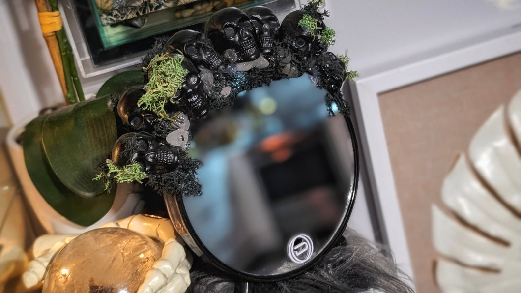 Handmade Skull & Crystal Mirror w/Back Storage