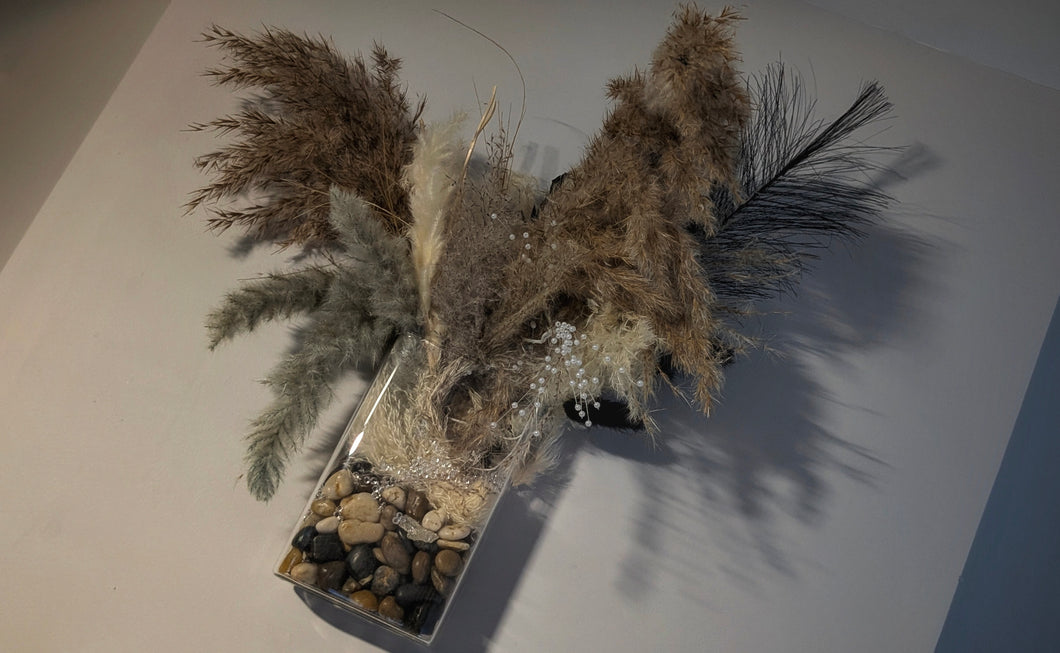 Wall Mount Glass Vase w/Rocks & Pampas Grass Arrangement