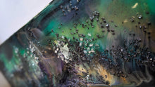 Load image into Gallery viewer, Wood Canvas Epoxy Resin Moonstone Crystal "Aurora" Art Piece
