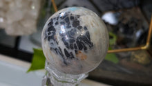 Load image into Gallery viewer, 2.5" Amazonite &amp; Pyrite Crystal Sphere with Glass Stand
