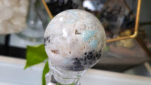 Load image into Gallery viewer, 2.5" Amazonite &amp; Pyrite Crystal Sphere with Glass Stand
