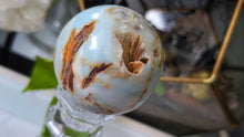Load image into Gallery viewer, 2.5" Amazonite &amp; Pyrite Crystal Sphere with Glass Stand
