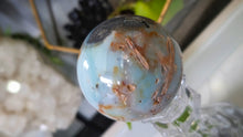 Load image into Gallery viewer, 2.5" Amazonite &amp; Pyrite Crystal Sphere with Glass Stand
