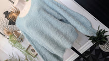 Load image into Gallery viewer, London Kaye Ocean Blue Faux Fur Lantern Sleeve Sweater SM
