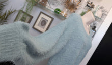 Load image into Gallery viewer, London Kaye Ocean Blue Faux Fur Lantern Sleeve Sweater SM
