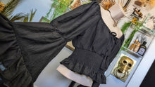 Load image into Gallery viewer, Blush Black Boho Ruffle Princess Sleeve Crop Top LG
