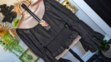 Load image into Gallery viewer, Blush Black Boho Ruffle Princess Sleeve Crop Top LG
