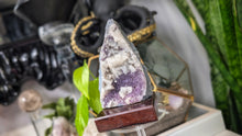 Load image into Gallery viewer, 5" Amethyst &amp; Calcite Crystal Cluster on Wood Stand
