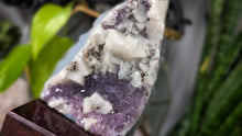 Load image into Gallery viewer, 5" Amethyst &amp; Calcite Crystal Cluster on Wood Stand
