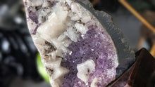 Load image into Gallery viewer, 5" Amethyst &amp; Calcite Crystal Cluster on Wood Stand
