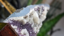 Load image into Gallery viewer, 5" Amethyst &amp; Calcite Crystal Cluster on Wood Stand
