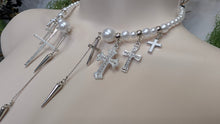 Load image into Gallery viewer, Silver Pearls Rhinestone Cross Choker Necklace
