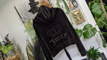 Load image into Gallery viewer, Juicy Couture Black Rhinestone Crown Crop Velour Hoodie XL NWT
