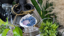Load image into Gallery viewer, Amethyst &amp; Selenite Crystals in Moss Seashell (stand Included)
