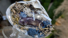 Load image into Gallery viewer, Selenite, Aura Quartz, Occo Geode in Moss Seashell (stand Included)
