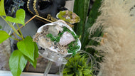 Aura Quartz, Selenite Crystal & Artificial Moss in Seashell (stand Included)