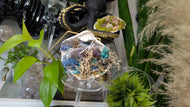 Druzy Amethyst, Selenite Crystals & Artificial Moss in Seashell (Stand Included)