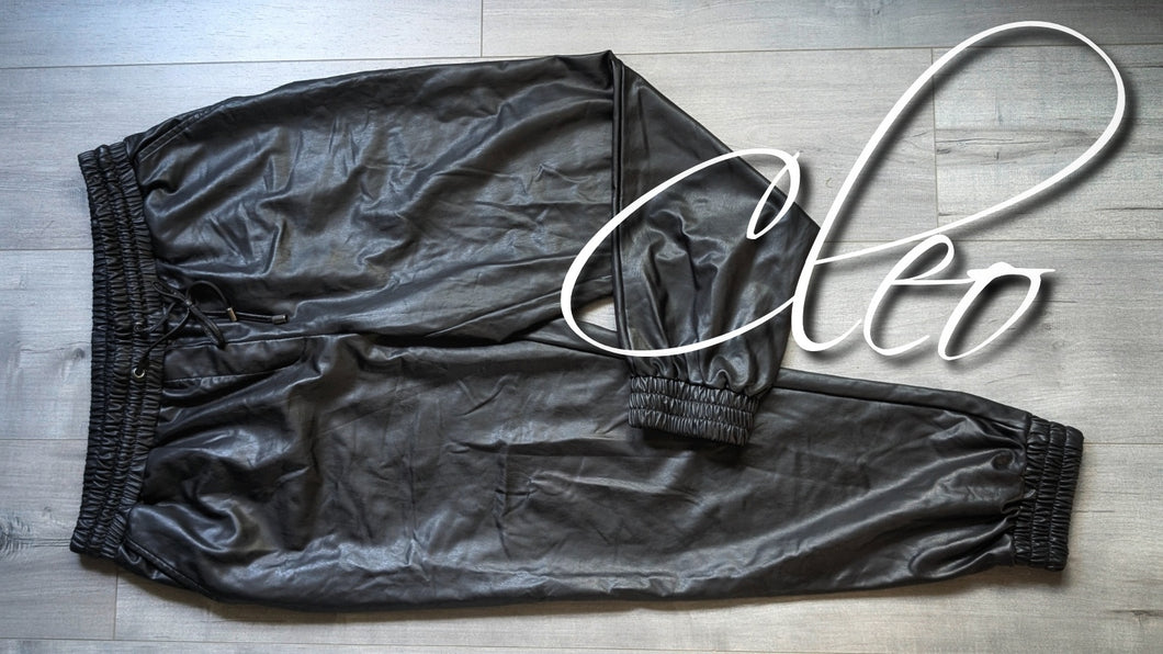 Cleo Black Faux Leather Drawstring Athletic Track Pants LG