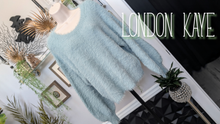 Load image into Gallery viewer, London Kaye Ocean Blue Faux Fur Lantern Sleeve Sweater SM
