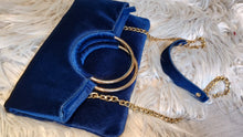 Load image into Gallery viewer, Vintage Madison West Royal Blue &amp; Gold Velvet Hoop Handle Purse
