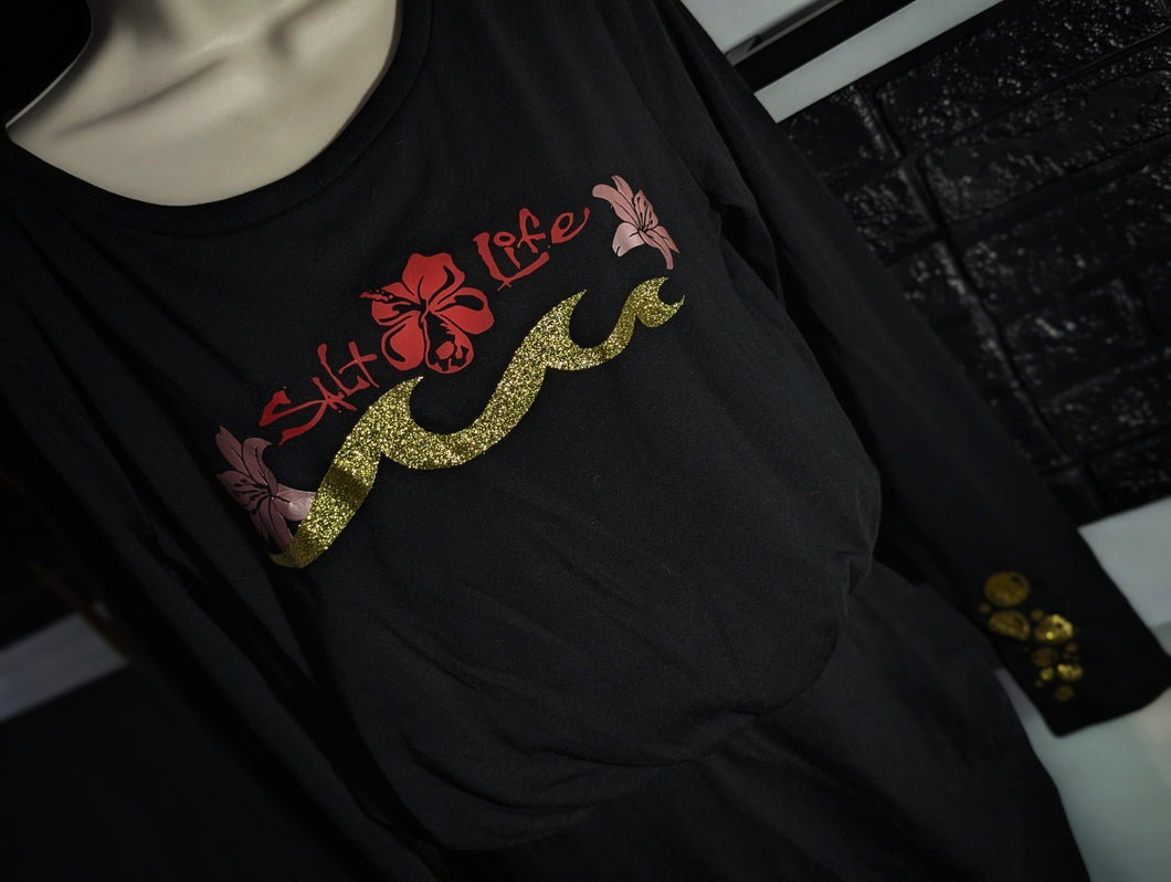 Ocean Vibes Hibiscus Bubbles Black Dress LG-XL