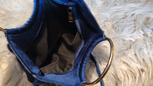 Load image into Gallery viewer, Vintage Madison West Royal Blue &amp; Gold Velvet Hoop Handle Purse
