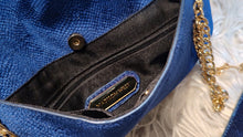 Load image into Gallery viewer, Vintage Madison West Royal Blue &amp; Gold Velvet Hoop Handle Purse
