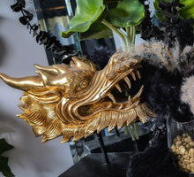 Load image into Gallery viewer, Gold Dragon Head Statue on Stand (has crack shown)
