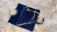Load image into Gallery viewer, Vintage Madison West Royal Blue &amp; Gold Velvet Hoop Handle Purse
