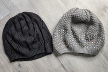 Load image into Gallery viewer, Black &amp; Rhinestone Grey Knit Beanie Tuques
