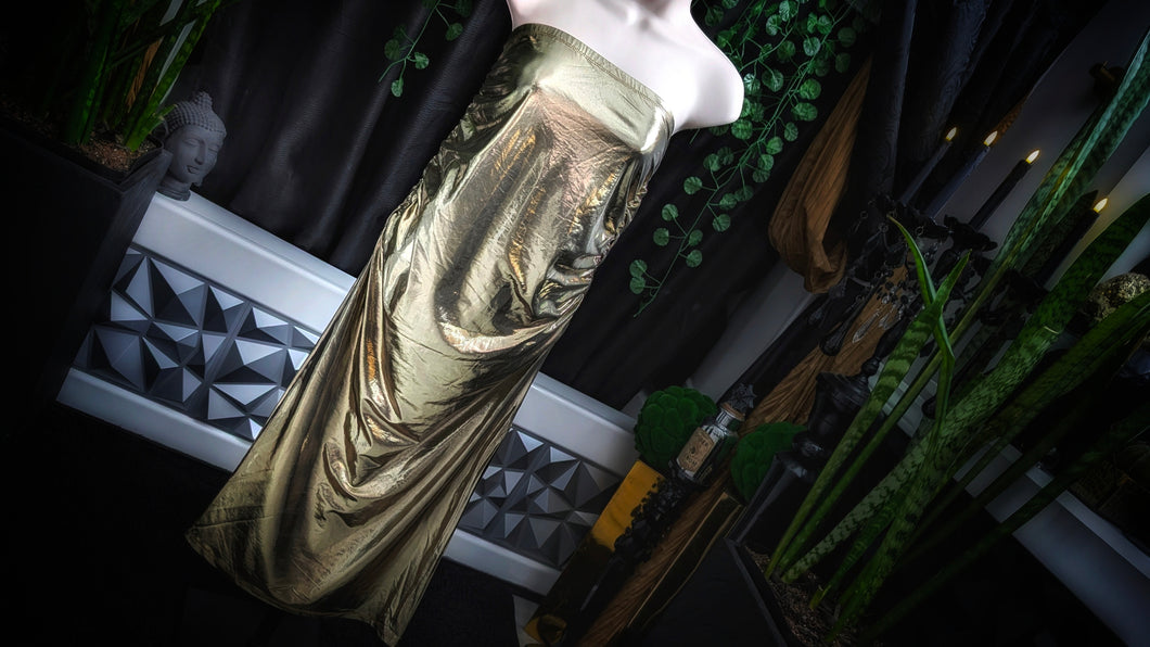 Refuge Gold Rouched Side Slit Dress LG NEW