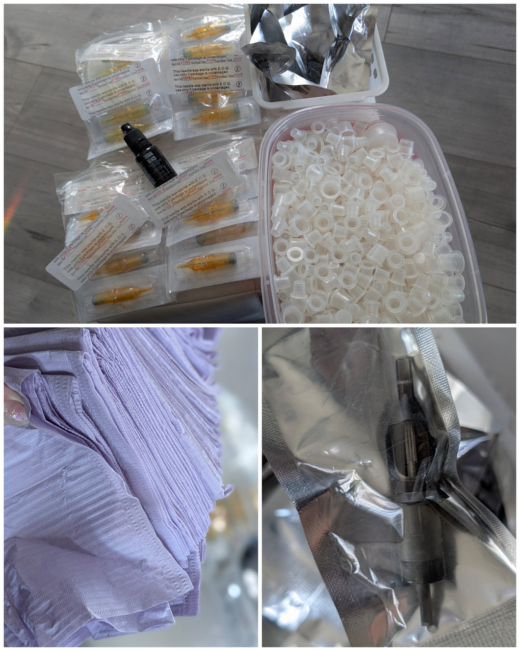 Tattoo Needle Cartridges, Ink , Dental Bibs, Caps (expired so only good for practise skin)