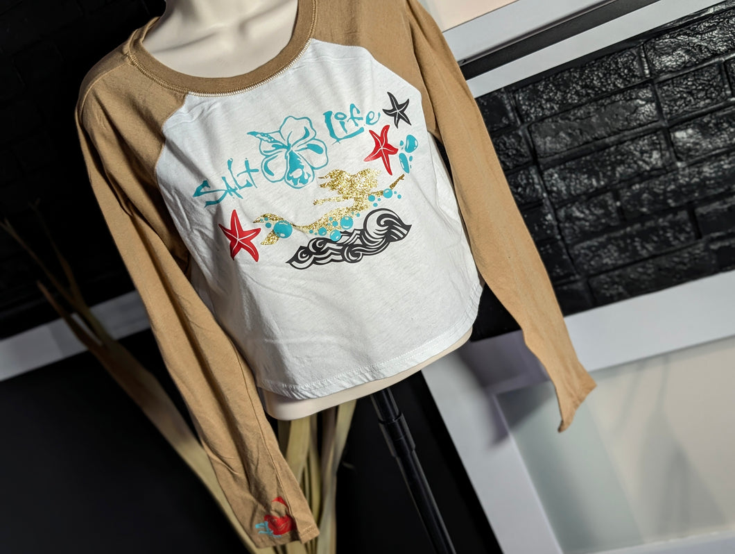 Mermaid Ocean Vibes Starfish Glitter Crop Top Tee LG-XL