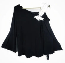 Load image into Gallery viewer, Alfani Black Open Shoulder Floral Trim Top XL
