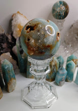 Load image into Gallery viewer, 2.5-3&quot; Amazonite &amp; Pyrite Crystal Sphere with Glass Stand

