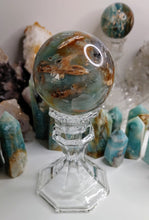 Load image into Gallery viewer, 2.5-3&quot; Amazonite &amp; Pyrite Crystal Sphere with Glass Stand
