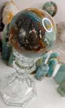 Load image into Gallery viewer, 2.5-3&quot; Amazonite &amp; Pyrite Crystal Sphere with Glass Stand
