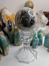 Load image into Gallery viewer, 2.5&quot; Amazonite &amp; Pyrite Crystal Sphere with Glass Stand
