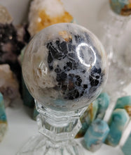 Load image into Gallery viewer, 2.5&quot; Amazonite &amp; Pyrite Crystal Sphere with Glass Stand
